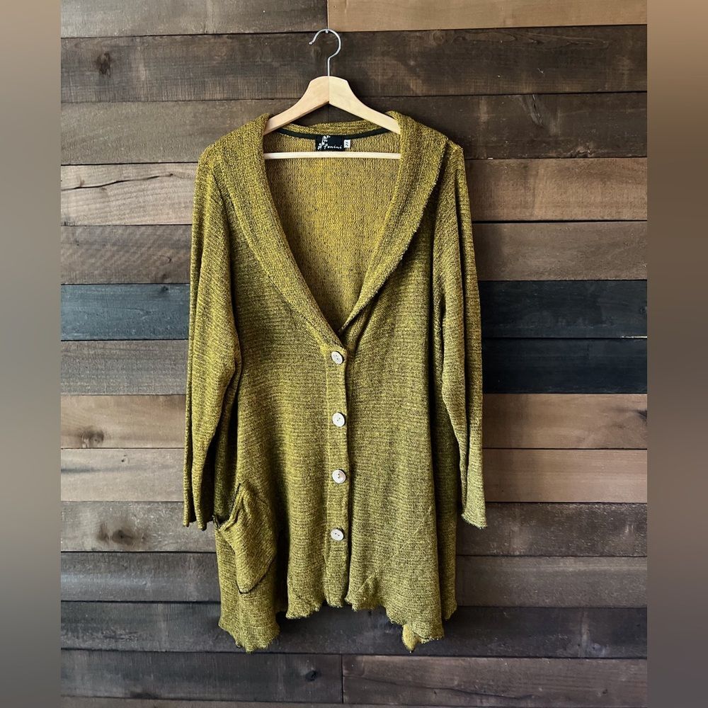 Vintage 90s Mustard Yellow Textured Knit Cardigan Button Front & Pocket Sizd 2X